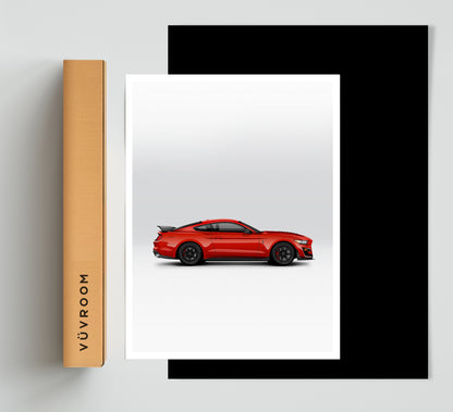Red Mustang poster with 'Vuvroom' branded shipping box on a gray background